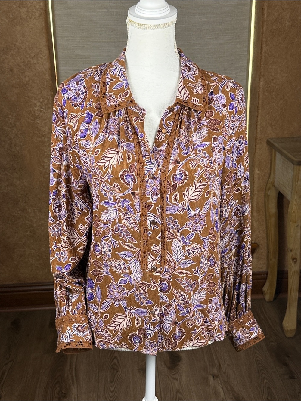 Democracy Clothing Ruffled Edge Pintuck Blouse in Copper Multi